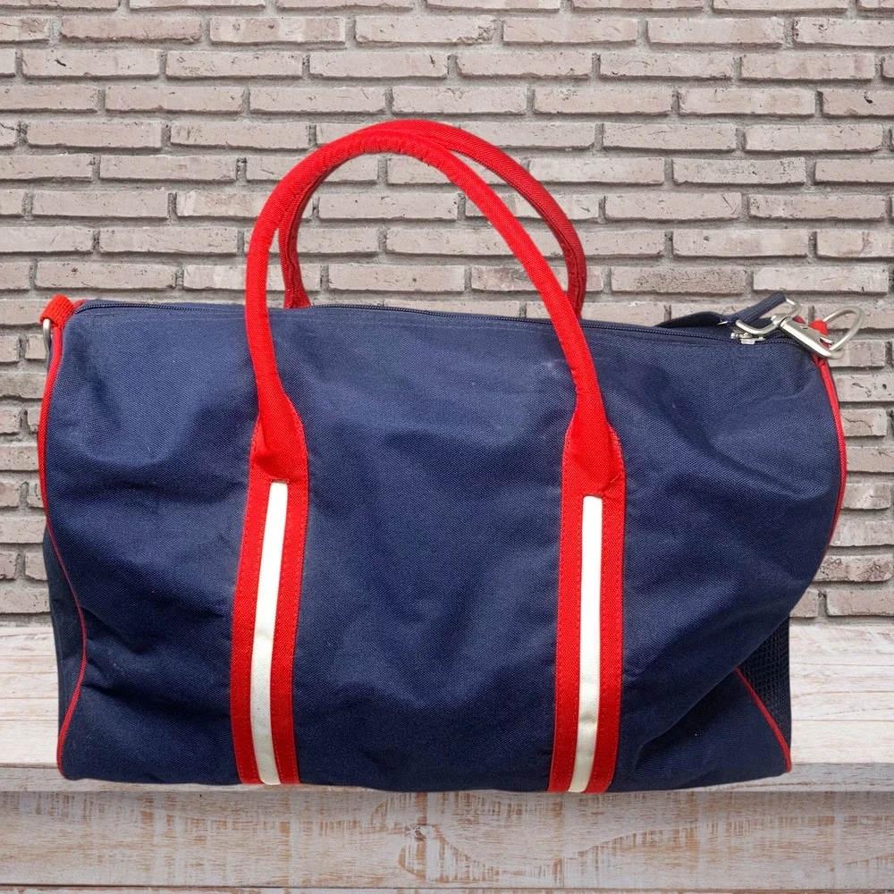 Vintage Tommy Hilfiger Navy Red Nylon Duffle Bag Spellout 90s Y2K Gym Weekender